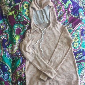 Blush pink, white, and grey hooded knit sweater